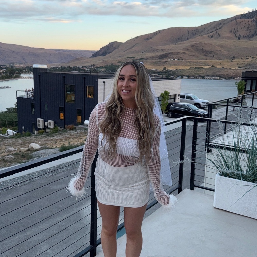 White Rhinestone Dress w/ Feather Accents